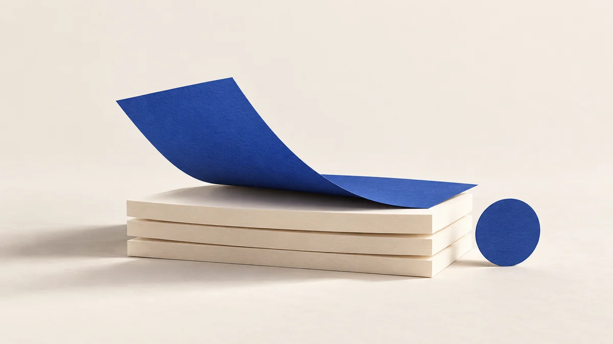 A deep blue sheet lifts above separate ivory paper strips, with a small blue disk beside them.
