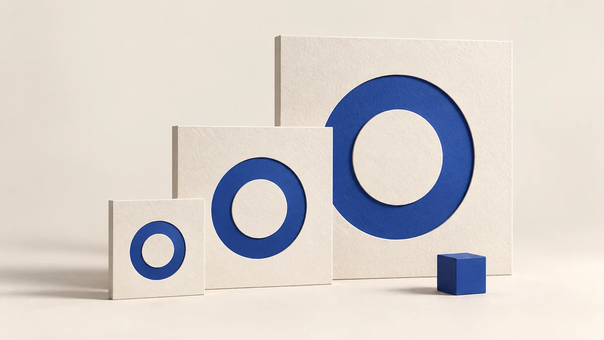 Three ivory panels repeat a blue ring shape at different scales, with a small blue cube on the ivory surface.