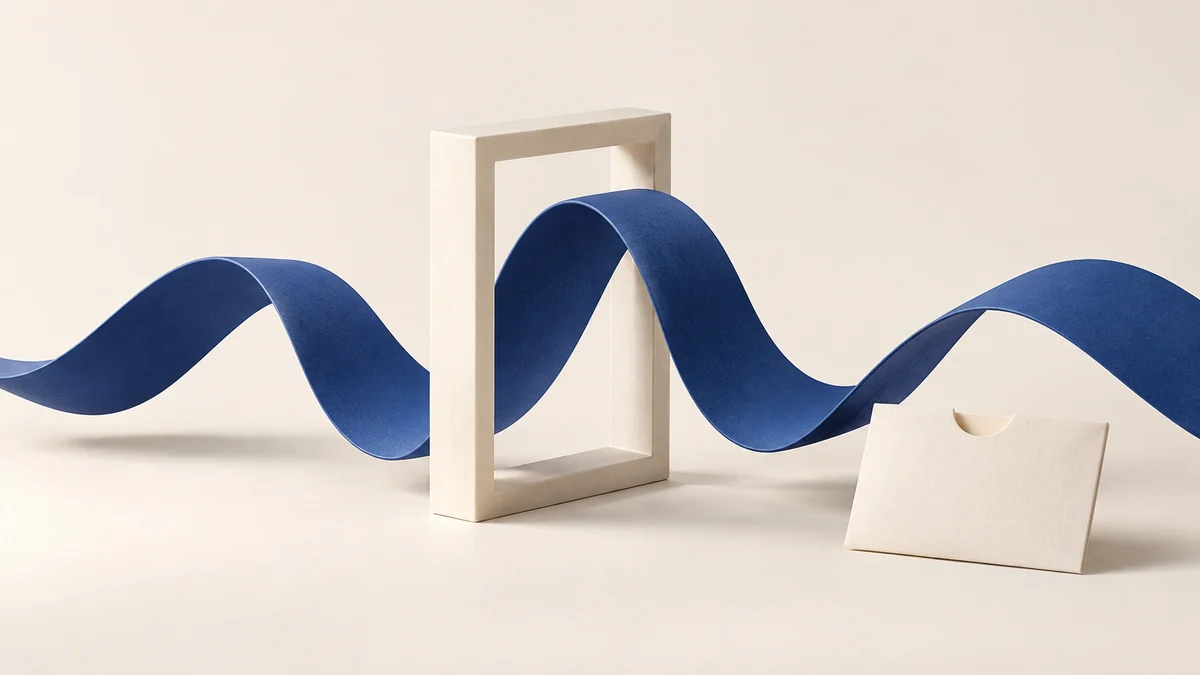 A deep blue ribbon forms a sculptural wave through an ivory frame, beside a blank paper sleeve.